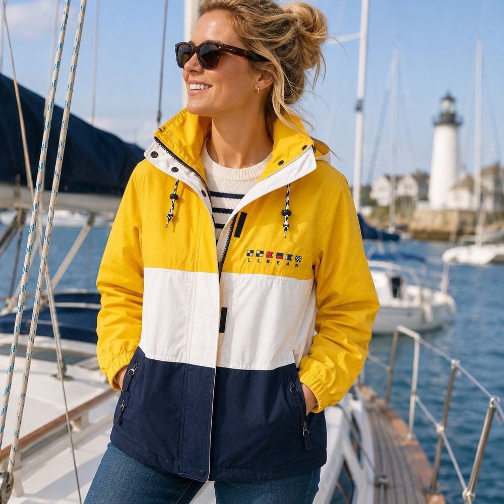 Vtg L.L. Bean Nautical Flag Jacket Women's S Yellow Hooded Sailing Windbreaker